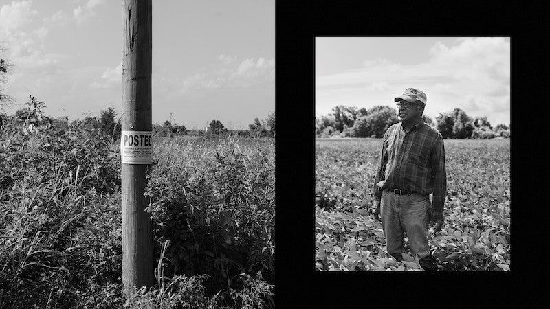 A sign on a utility pole to deter hunters, near the old Scott-family homestead, Drew, Mississippi; Willena's brother Isaac Daniel Scott Sr. amid soybeans in Mound Bayou. // Zora J. Murff