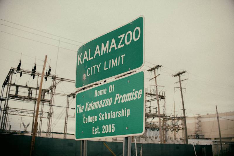 A sign on the city limits of Kalamazoo, Mich., Oct. 27, 2021. Akilah Townsend for TIME
