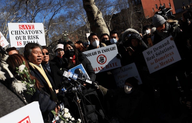 Don Lee, a Chinatown community activist, speaks as people gather for a rally protesting violence against Asian-Americans at Sara D. Roosevelt Park on Feb. 14, 2022 in the Chinatown neighborhood in New York City. (Getty Images)