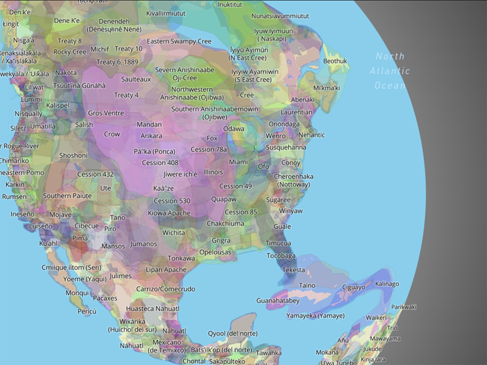 A screenshot of a portion of the interactive map from Native Land Digital shows which Native territories have inhabited different regions of the Americas, based on a variety of historical and Indigenous sources.