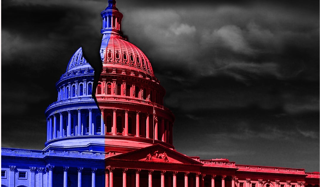 The capitol building colored blue and red with a crack in the dome, Rice University Sociology RARE Workgroup
