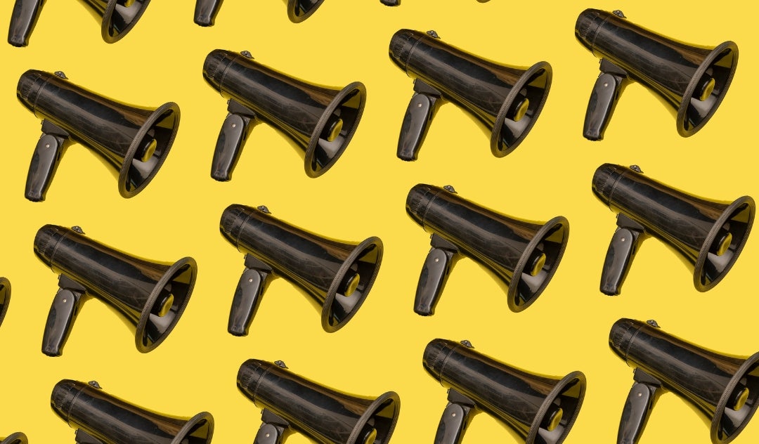 Megaphones against a yellow background, Rice University Sociology RARE Workgroup