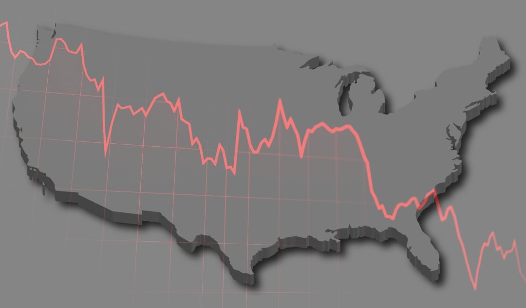 outline of United States overlaid with red chart, Rice University Sociology RARE Workgroup