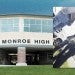 Monroe High School with (inset) a Facebook video screenshot from Nov. 10, 2021, which showed a white student repeatedly using racial slurs in a confrontation with a Black student.