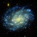 photo of a spiral galaxy that depicts the colors of Brazil – green, yellow and blue